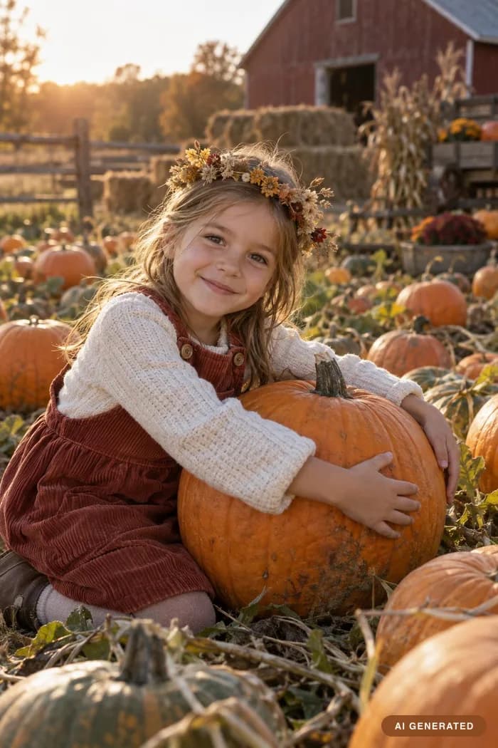 Pumpkin patch — Among the pumpkins at golden hour, barn and hay behind.