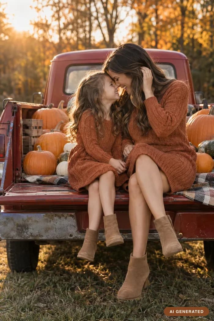 Red truck — Sitting on the tailgate of a vintage pickup dressed for autumn.