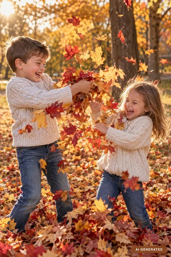 Leaf toss — Mid-throw, leaves in the air, caught laughing.