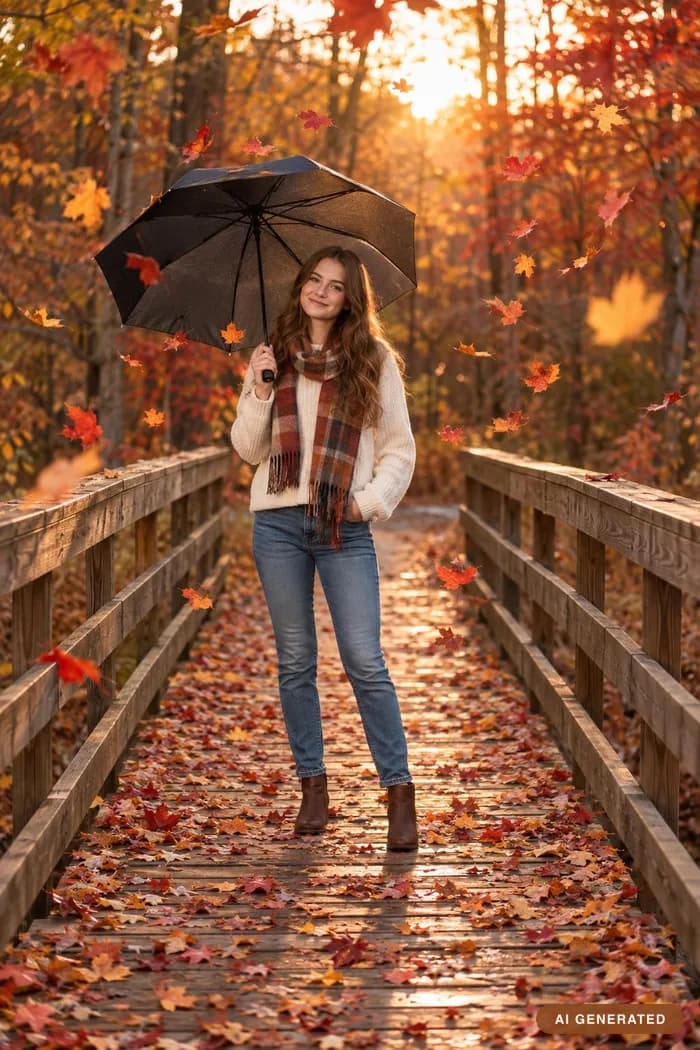 Autumn bridge — A footbridge, an umbrella, and leaves falling all around.