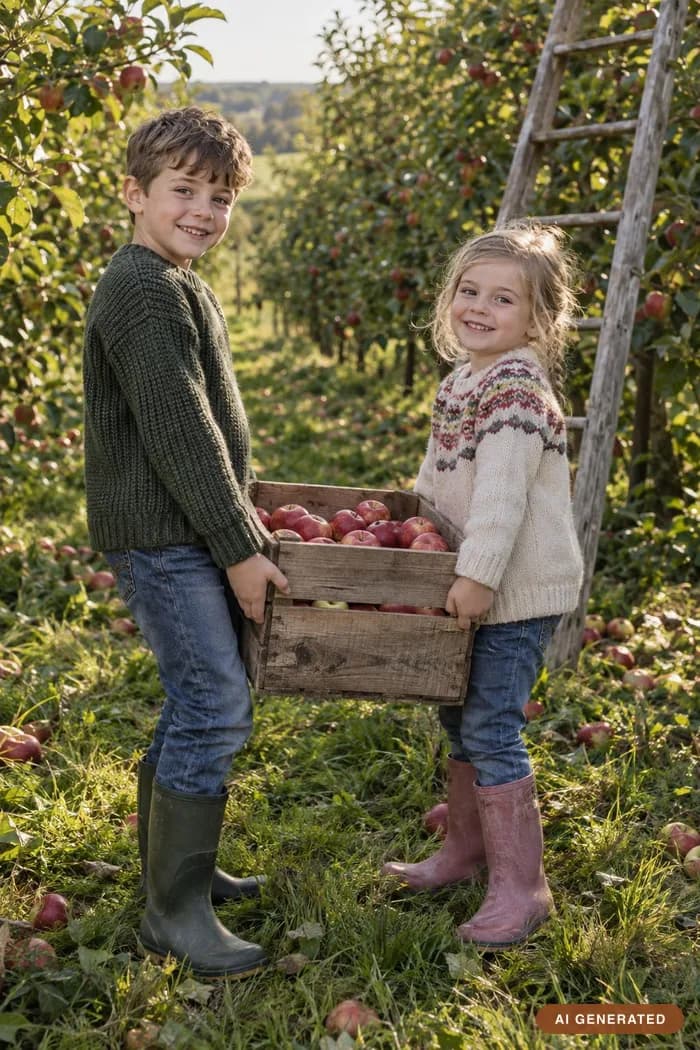 Apple orchard — Between the rows with a crate of apples and a wooden ladder.