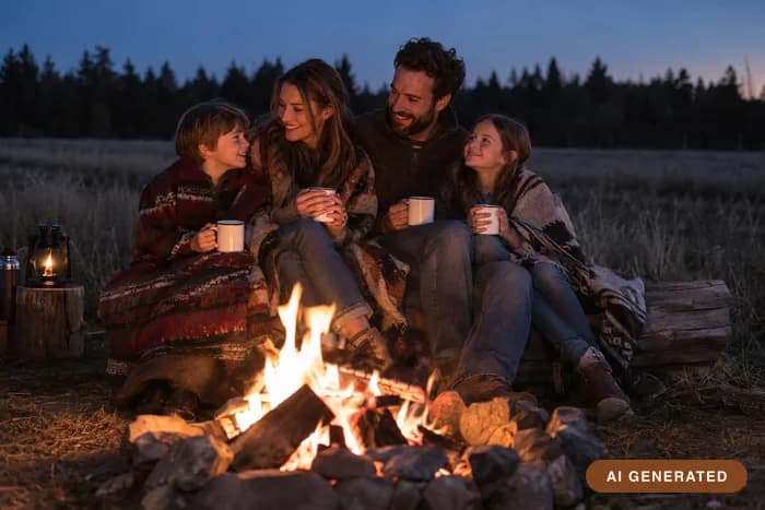 Bonfire evening — Blankets, enamel mugs and firelight at dusk.