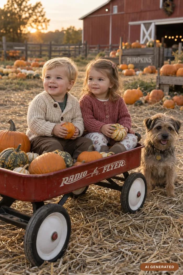 Pumpkin wagon — A red wagon full of pumpkins, and usually a dog.