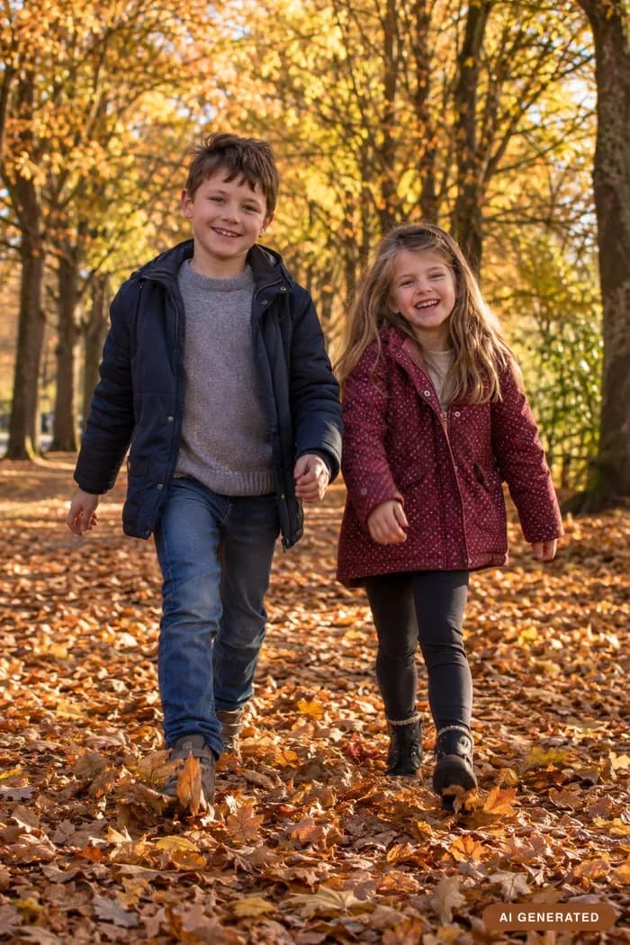In the park — An avenue of trees turning, leaves underfoot.