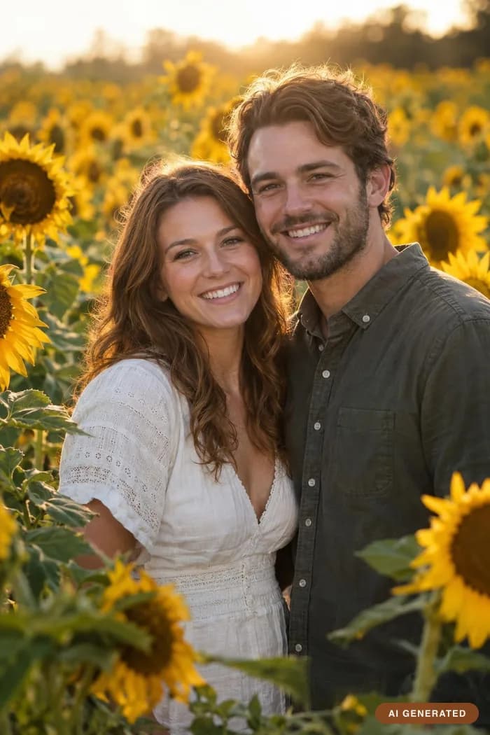 Sunflower field at sunset — Head-high sunflowers, low gold light behind them.