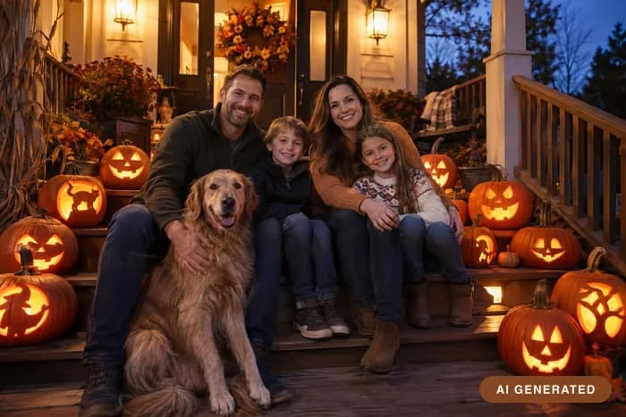 Jack-o'-lantern porch — Steps lined with carved pumpkins, all lit from within.
