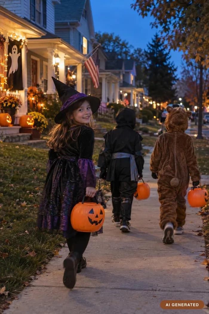 Trick-or-treat — Buckets in hand at blue hour, porch lights coming on.