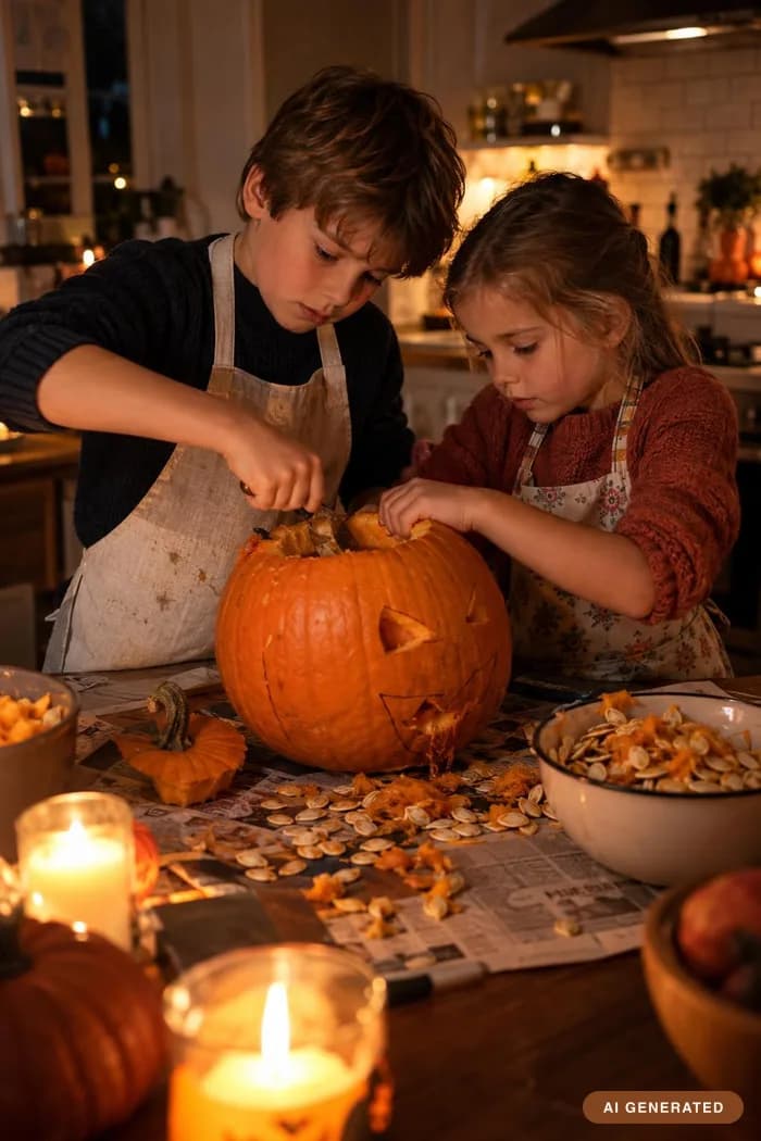 Carving night — Newspaper, candlelight and a half-finished pumpkin.