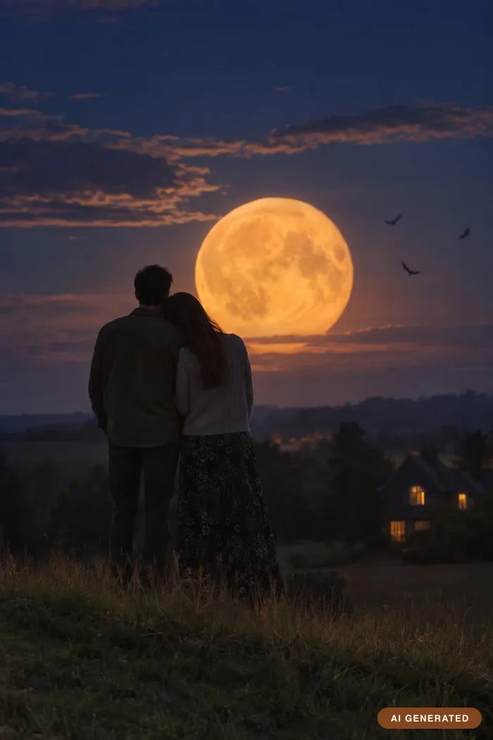 Harvest moon — Silhouetted against a low moon. Atmospheric, not frightening.