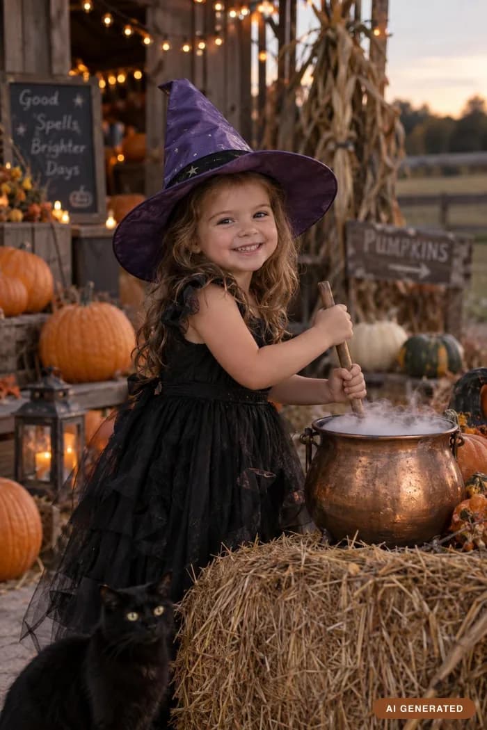 Little witch — A purple hat, a copper cauldron and a grin.