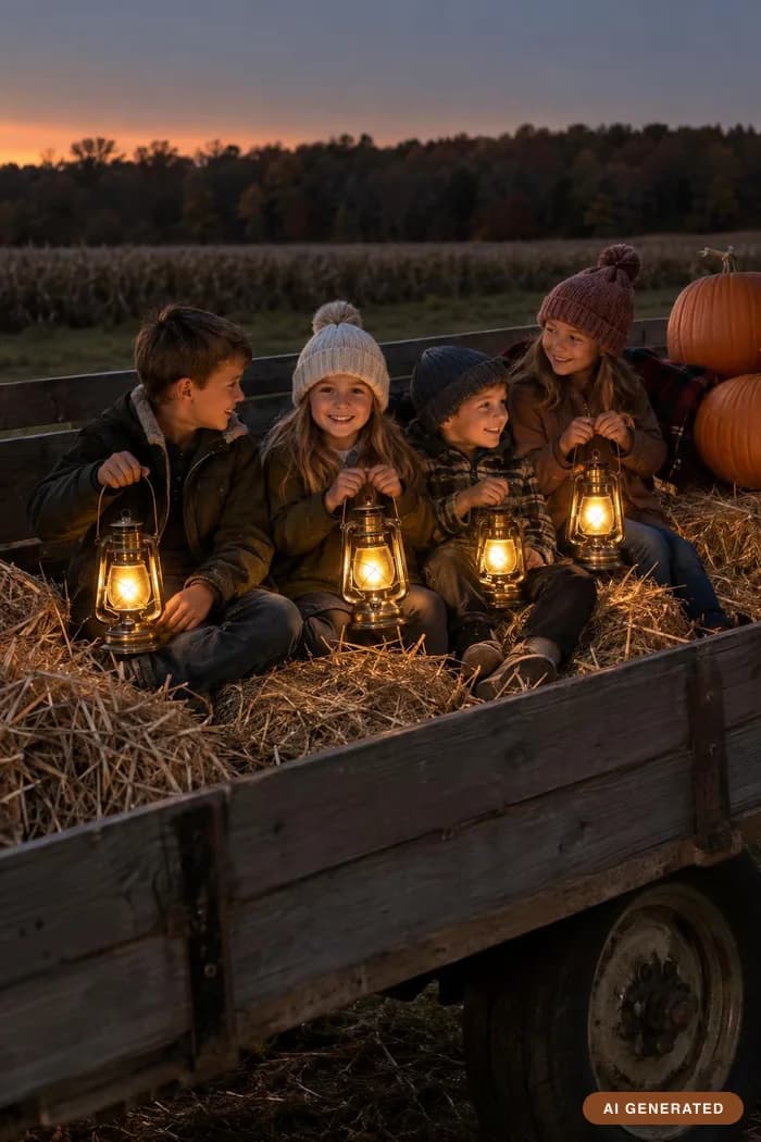 Lantern wagon — Sitting in the straw holding brass lanterns at dusk.
