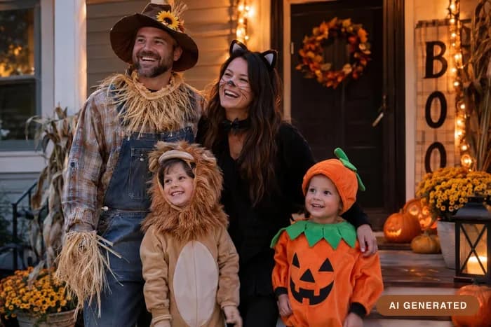 Family costumes — Scarecrow, black cat, small lion — all of you at once.