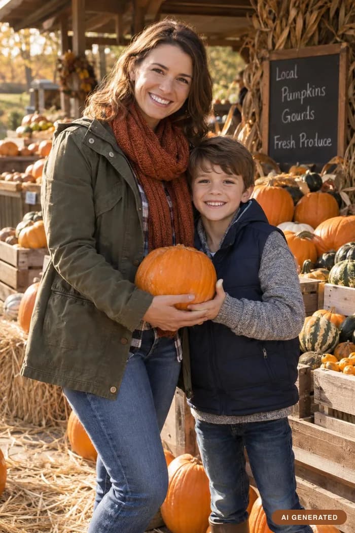 Pumpkin stall — A farm stall stacked with pumpkins and gourds.