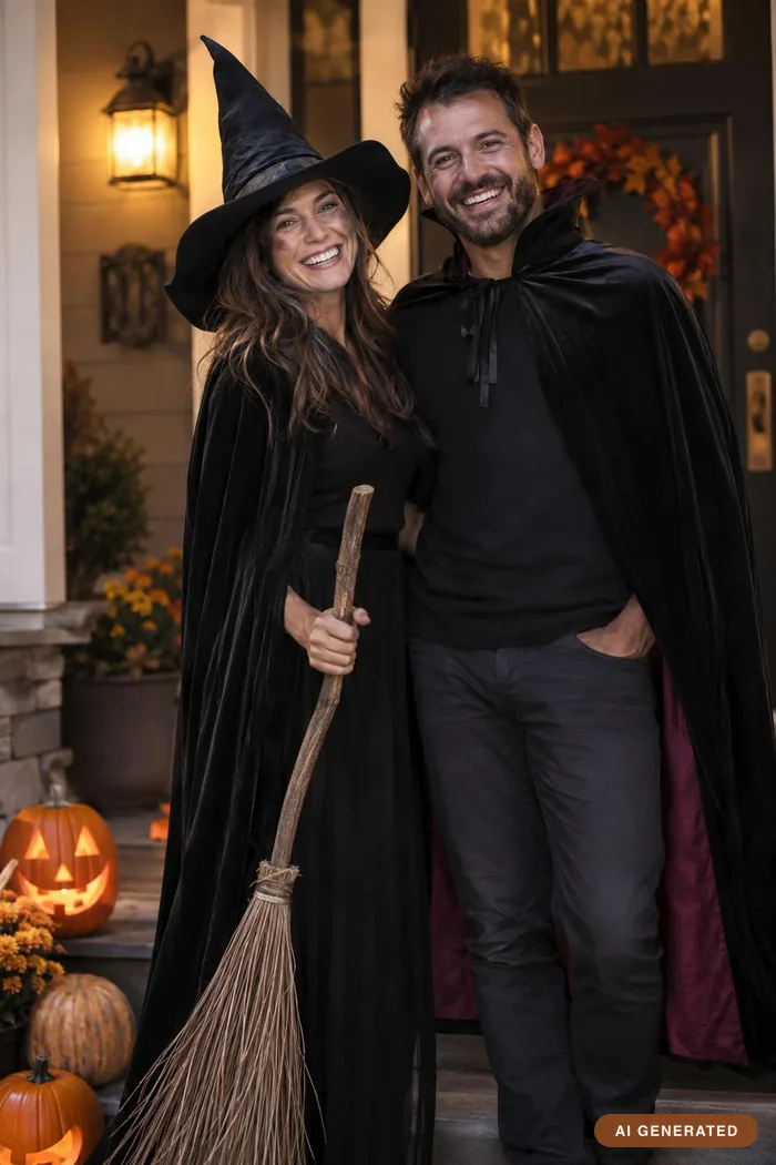 Grown-up costumes — A witch's hat, a caped coat, and the porch light on.