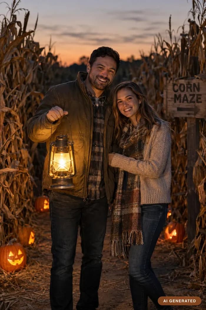 Lantern at the maze — The mouth of a corn maze at dusk, lantern lit.