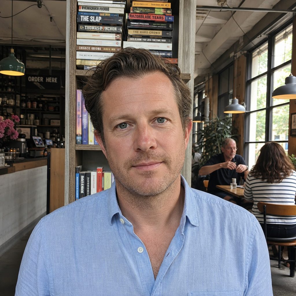 A man photographed in a busy cafe with a bookshelf directly behind his head, everything in sharp focus