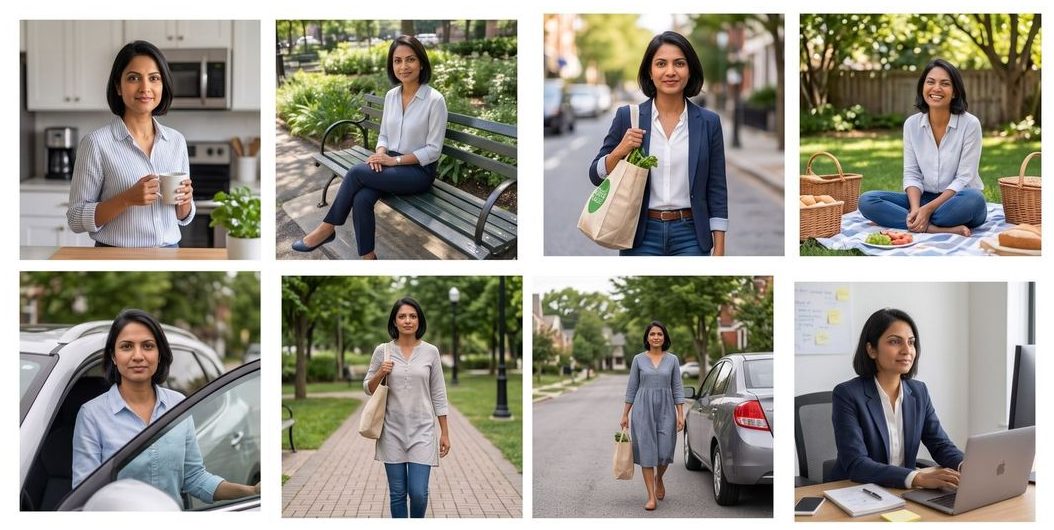Eight ordinary phone photographs of the same woman: in a kitchen, on a park bench, on a street, on the grass, getting out of a car, walking with a bag, and at a desk
