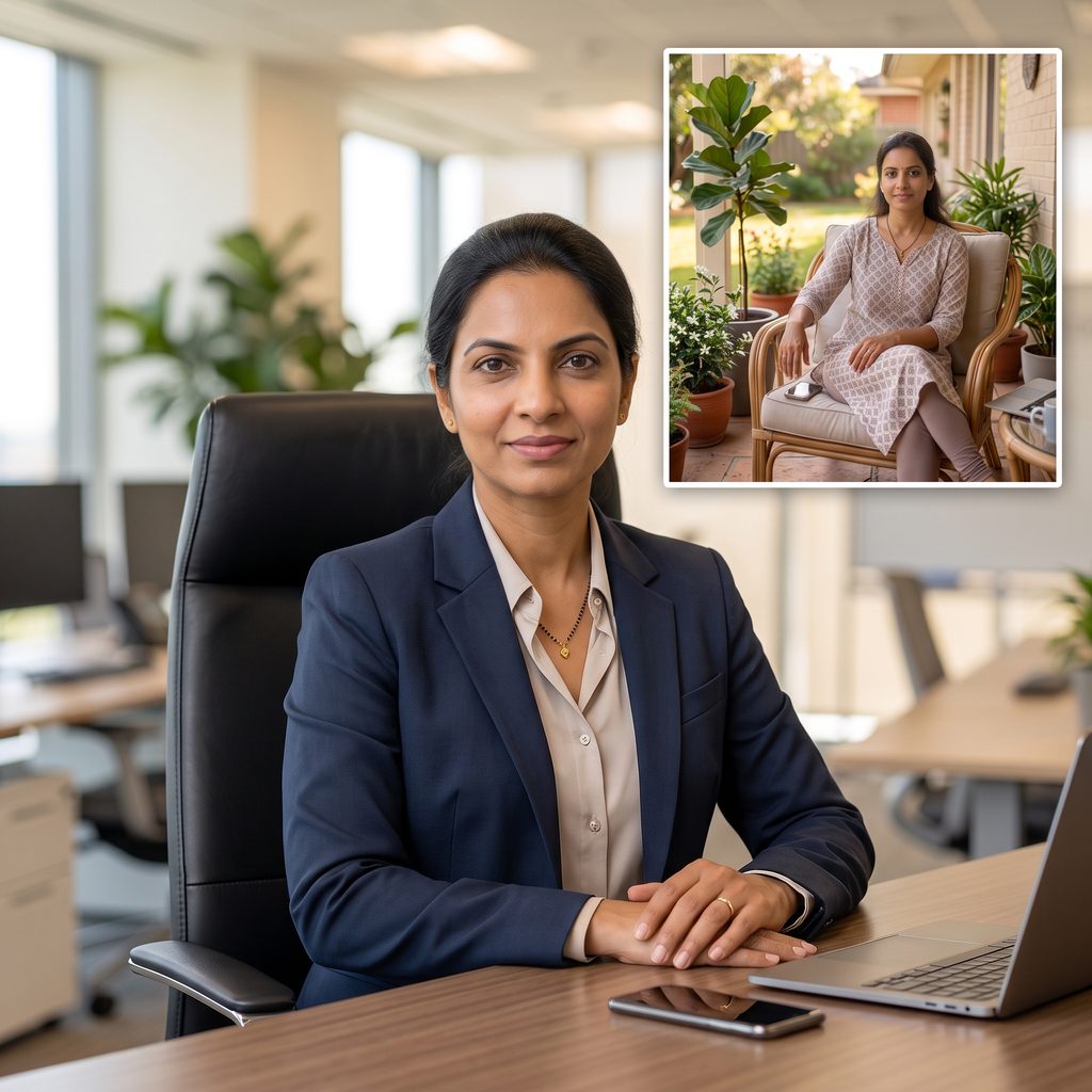 A woman in a navy blazer at a desk, with a small inset of a photograph of her at home in a kurta