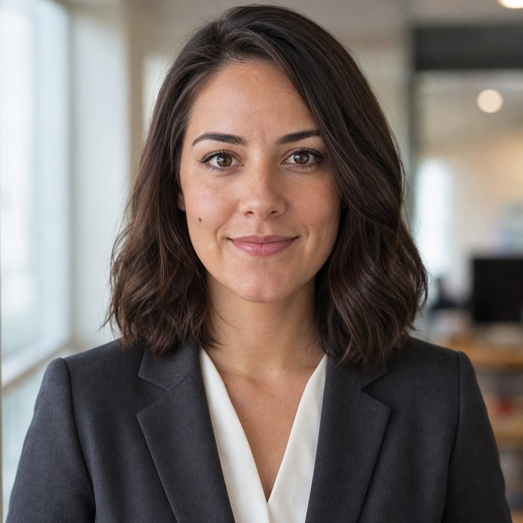 A corporate headshot of a woman in a charcoal blazer