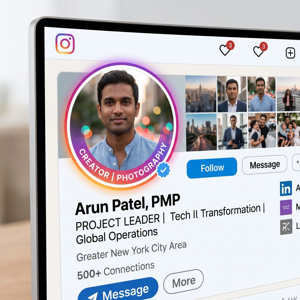 An Instagram profile page with the same headshot in the profile circle