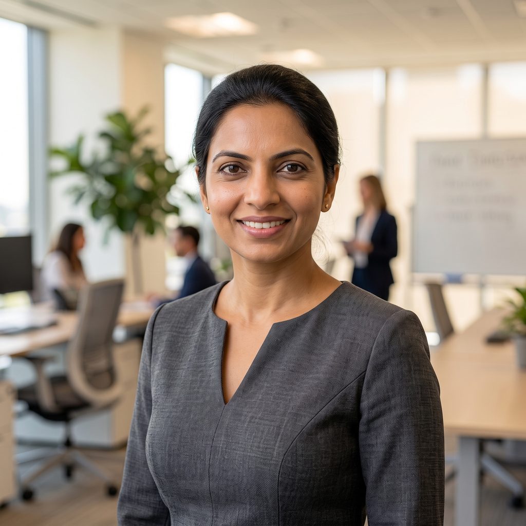 The same woman in an open-plan office with two colleagues visible behind her