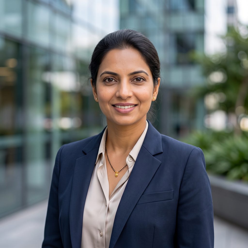 A woman in a navy blazer photographed outside a glass office building, the background thrown out of focus