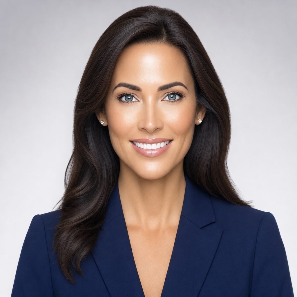 A headshot with airbrushed poreless skin, a glossy sheen on the forehead and glassy eyes