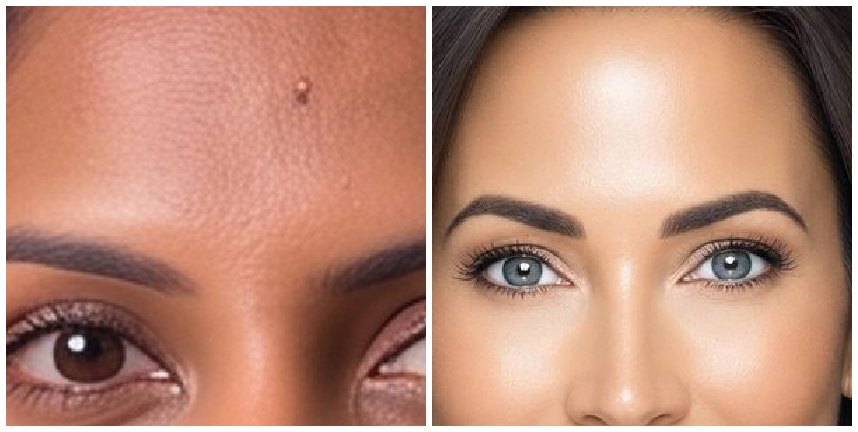 Two forehead close-ups side by side: the left with visible pores, fine lines and a small mole, the right smooth and glossy with a broad sheen