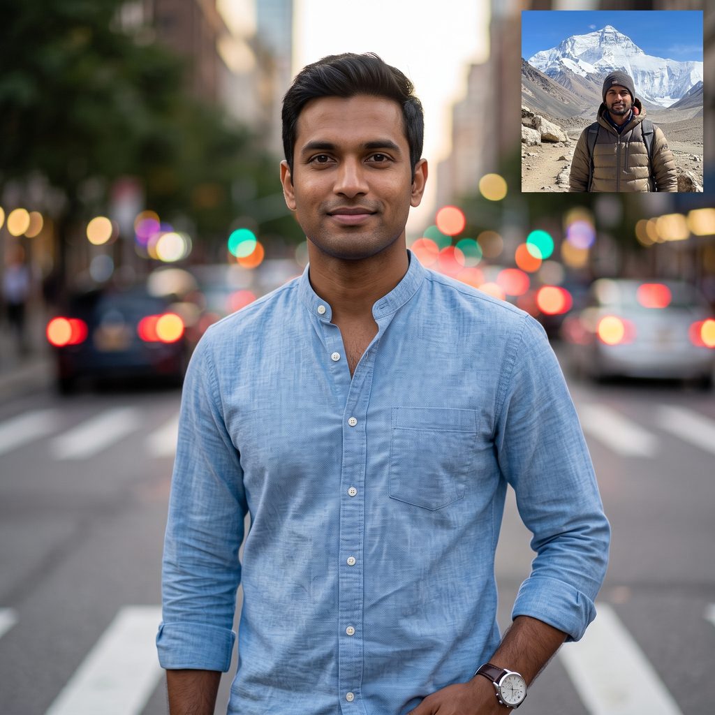 A man in a light blue linen shirt on a city street, with a small inset of a holiday photograph of him in a jacket in the mountains