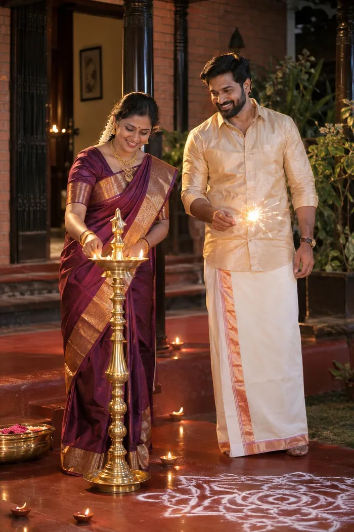 A couple in pattu saree and veshti beside a tall brass lamp