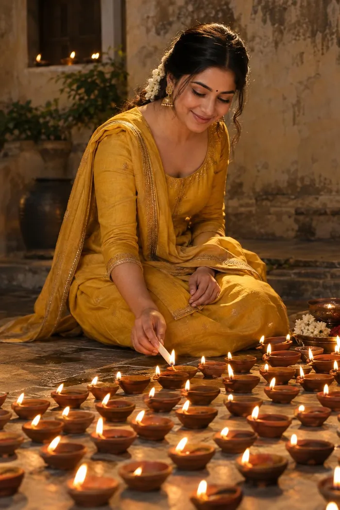 Rows of diyas being lit in the warm dark