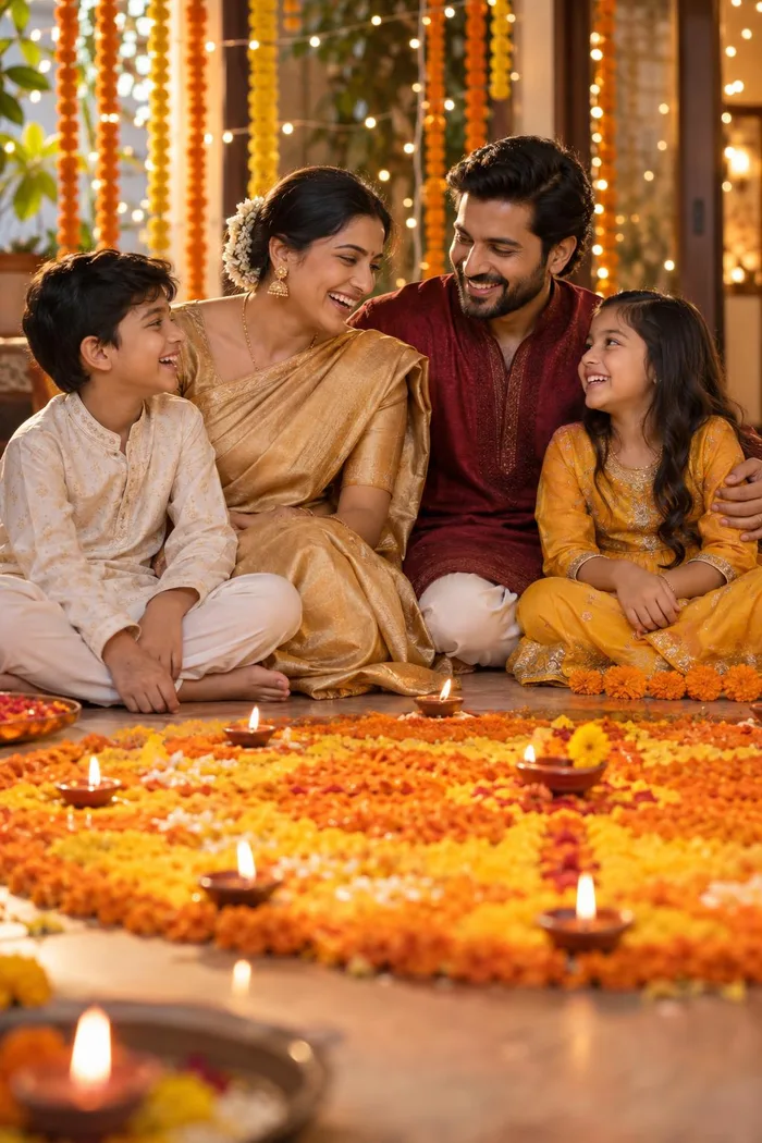 A family around a marigold rangoli with lamps lit
