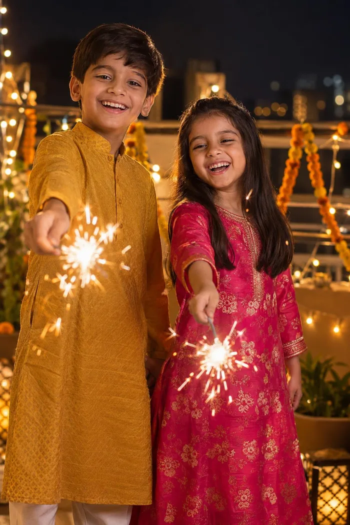 Children with sparklers on a terrace under fairy lights