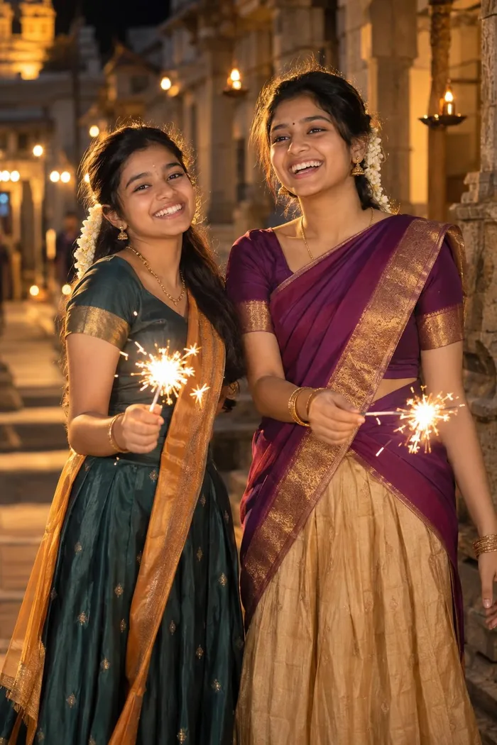 Two sisters in half sarees with sparklers in a lit-up street