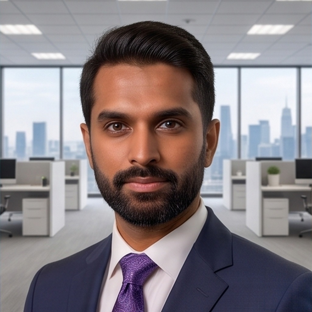 A man in a navy suit and tie in an office