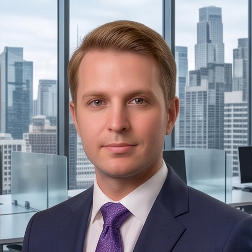 A man in a navy suit and purple tie in a bright glass-walled office with a city skyline behind him