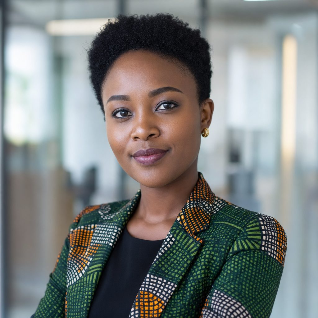 A woman in a green and orange Ankara print blazer, photographed in an office
