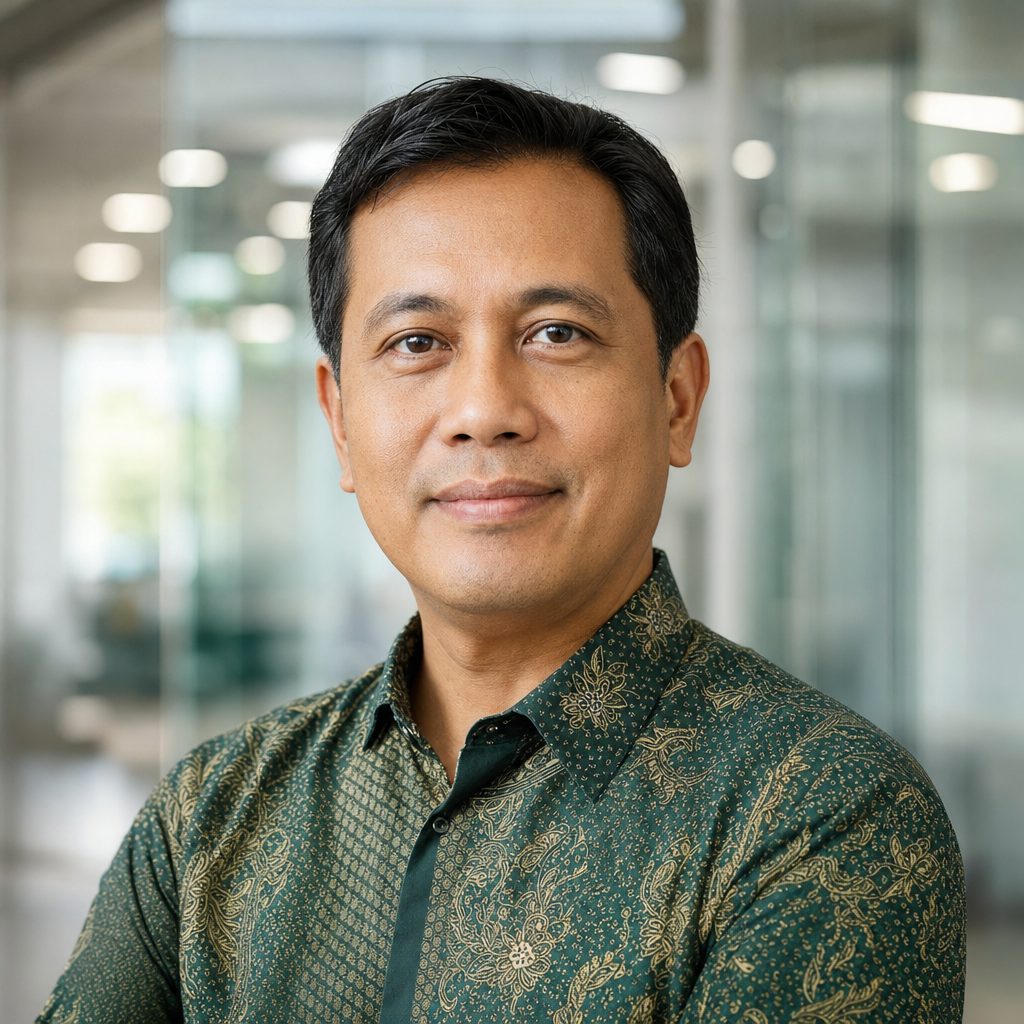 A man in a dark green batik shirt with a gold motif, photographed in an office