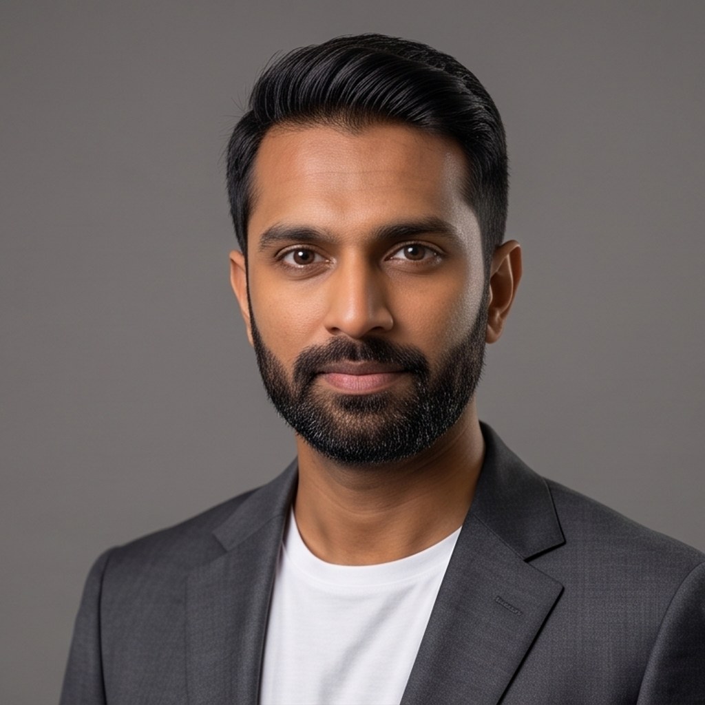 A man in a charcoal blazer over a white t-shirt against a grey backdrop