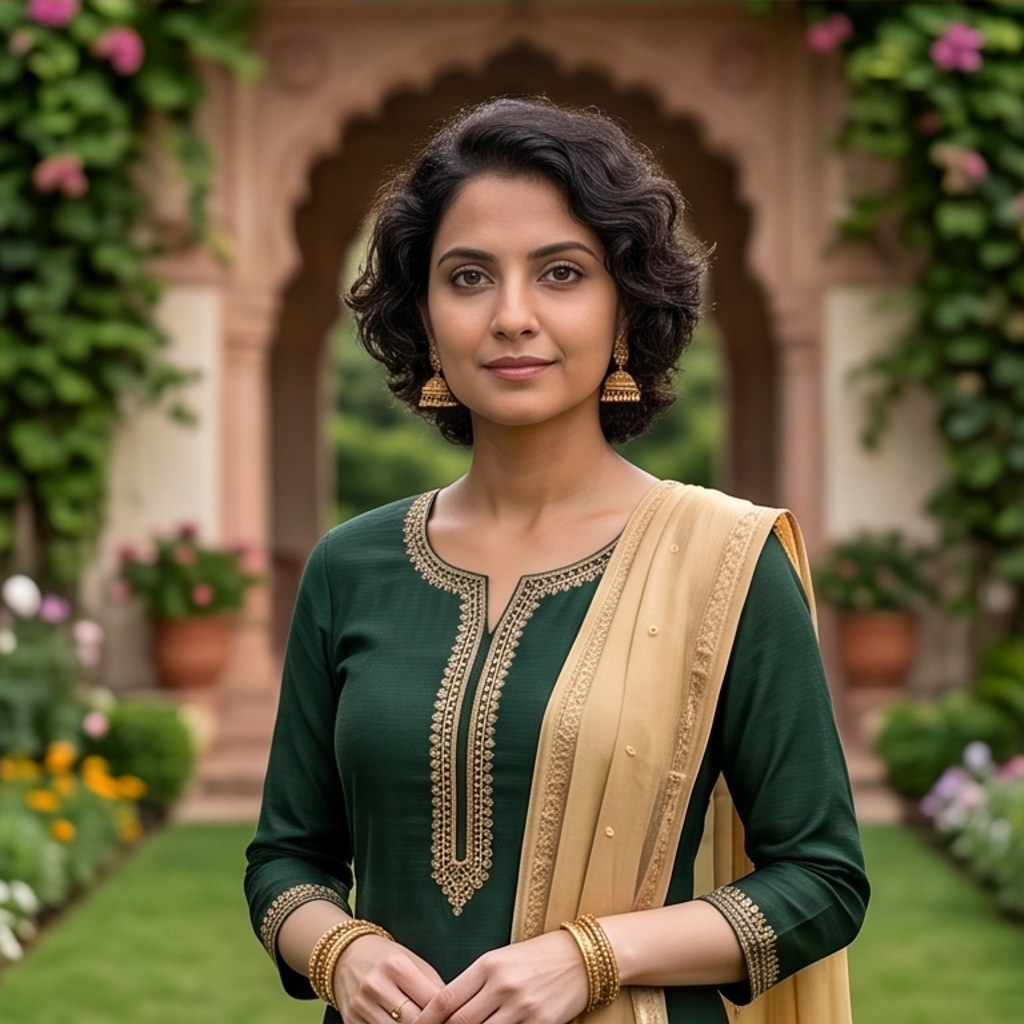 A woman in a green churidar photographed in a garden