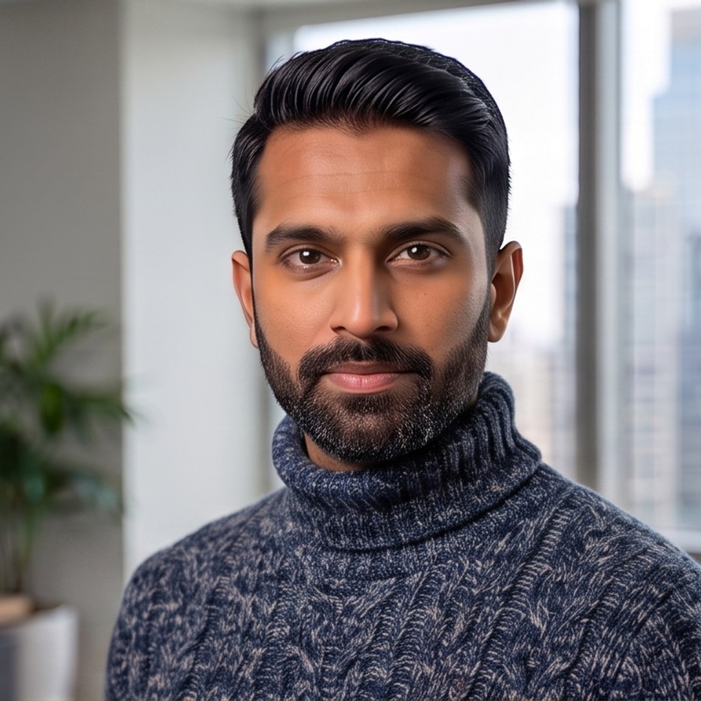 A man in a blue-grey roll-neck sweater in a bright office with a city window behind him