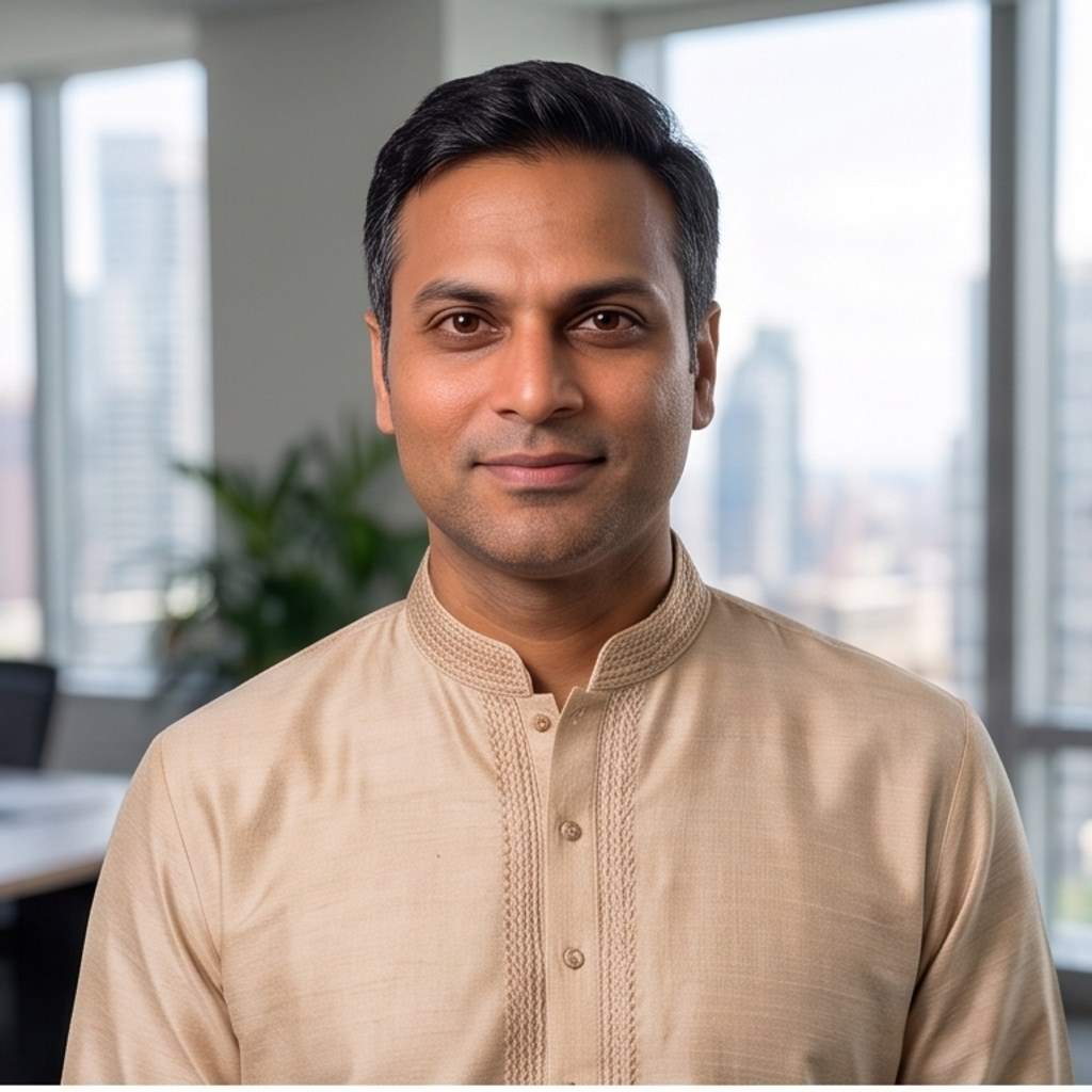 A man in a cream kurta in an office
