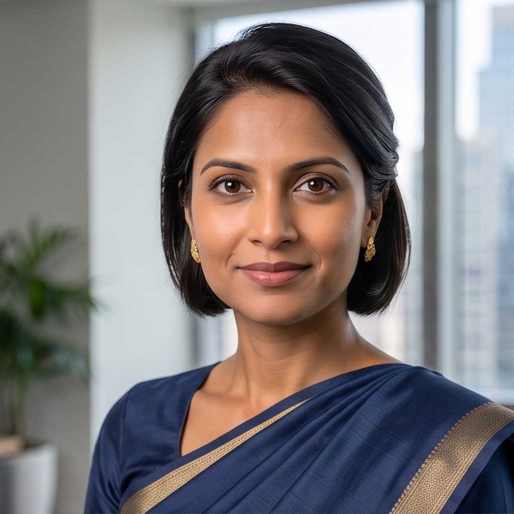 A woman in a navy saree with a gold border
