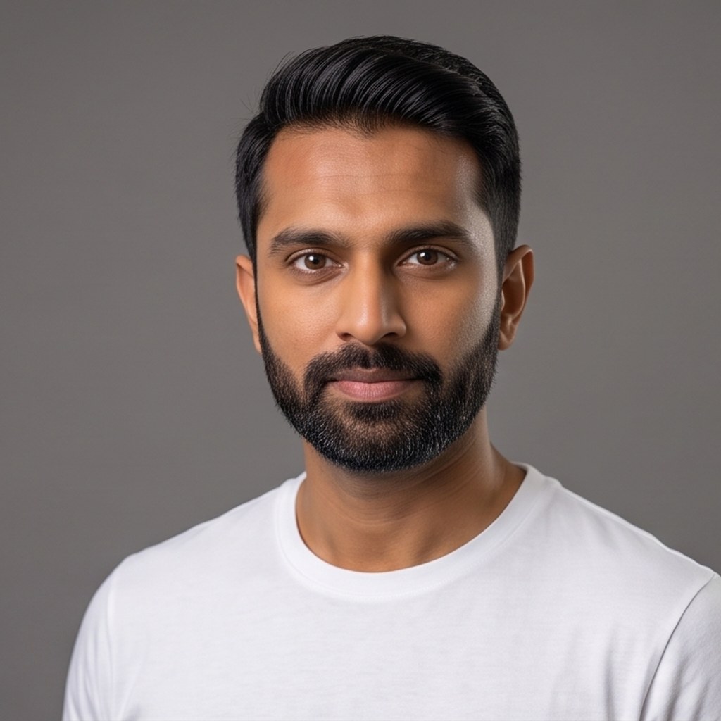 A man in a plain white t-shirt against a grey studio backdrop
