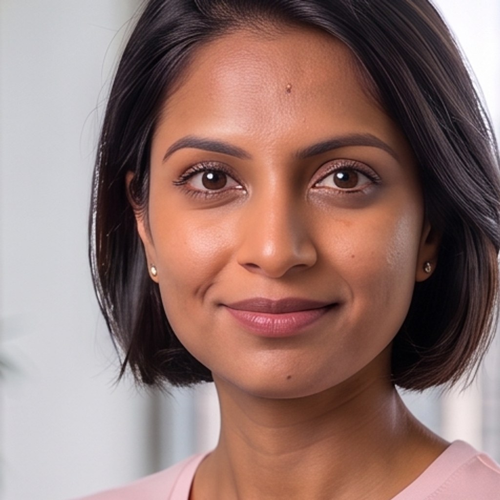A close portrait of a woman with visible pores, fine lines and a small mark on the forehead