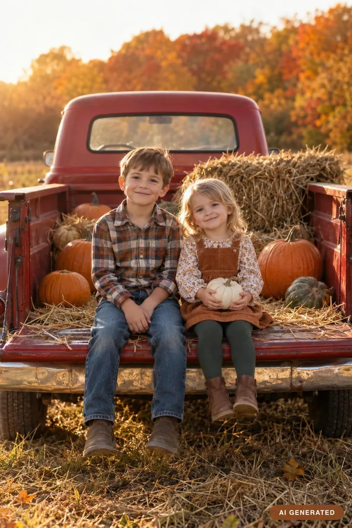 Two children sitting on the tailgate of a red truck among pumpkins