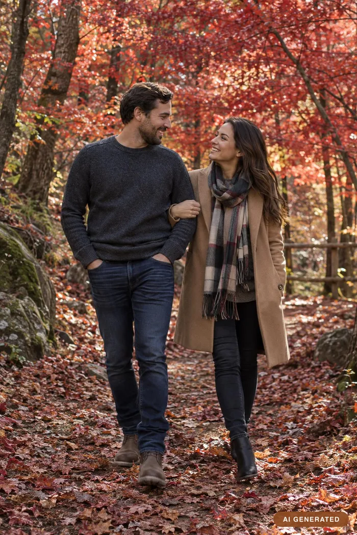 A couple walking a woodland path under red maple leaves