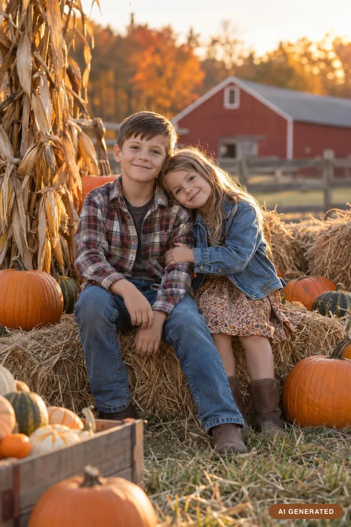 Two children sitting on hay bales with pumpkins and a red barn behind