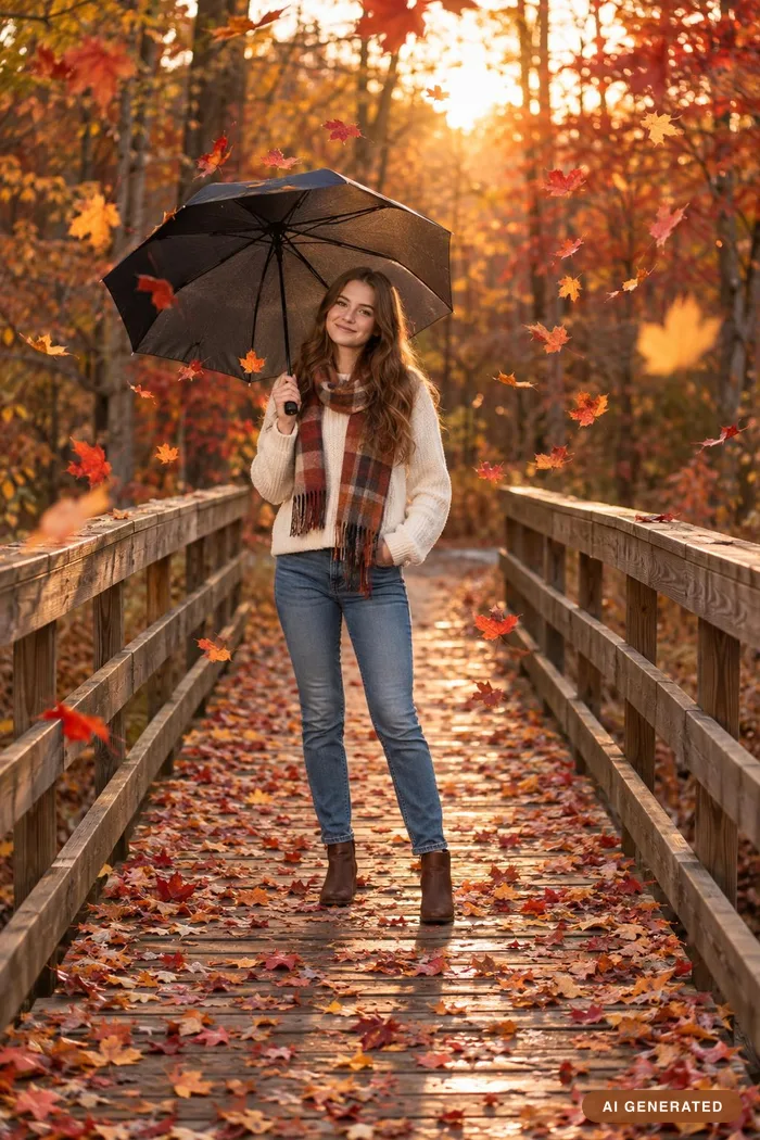A young woman holding an umbrella on a wooden footbridge in the fall leaves