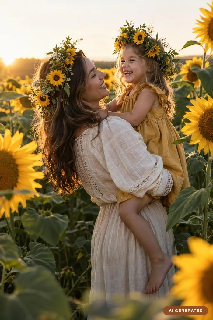 A mother and daughter with flower crowns in a field of tall sunflowers